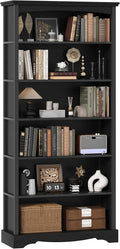 TVU 6-Tier Wooden Bookshelf, 76 Inch Tall Bookshelf with Storage, Floor Standing Modern Style Display Bookcase for Living Room, Office, Study Room, Entryway, Black