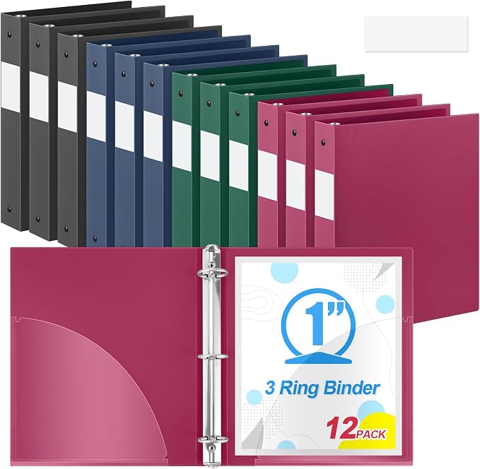 Henoyso 1 Inch 3 Ring Colored Binders Soft Flexible, 8.5'' x 11'' Plastic Floppy Binders Bendable with 2 Pockets, Colorful Binder Bulk for School Office Business ，12 Pack (Assorted Classic Color)