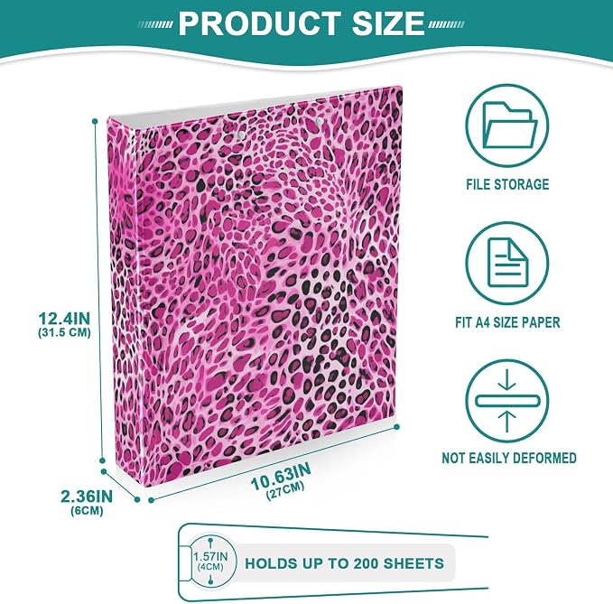 Hot Pink Leopard Print Animal Skin Binder 1.5 Inch Binder with Clipboard&Pockets, Hardcover Binders 3 Ring, Heavy Duty Large File Folder for Office School Supplies - Holds 200 Sheets