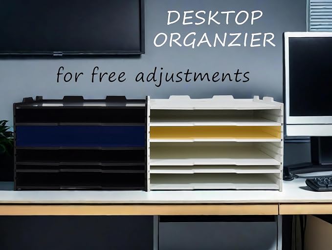 4 Tier Adjustable Shelves Office Desk Organizer,Wooden Desk File Organizer, Letter Tray, Document Letter Mail Tray Sorter, White/Black (Black-4tray(with 3 Adjustable Shelves))