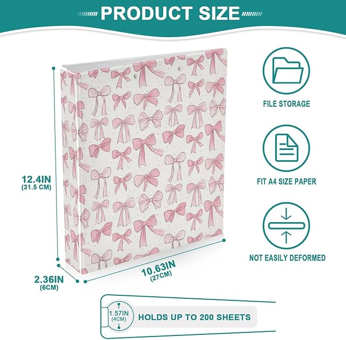 Cute Bow Knot Doodle Pattern Round Ring Binders 1.5 Inch Pink Polka Dot White Black Stripe Stars 3 Ring Clipboard Binder for Office School Work Supplies File Folder 200 Sheet Capacity 2 Pieces