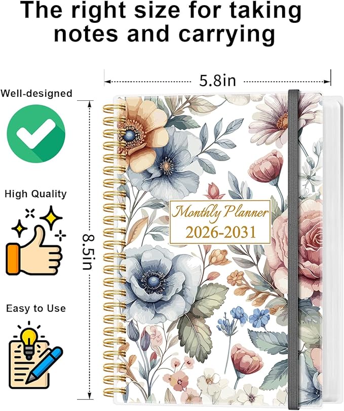 2026-2031 Monthly Planner - 60 Month PLanner Calendar from July 2026 to June 2031, 5 Year Planner 2026-2031 with Flexible Cover, Inner Pocket, Perfect for Home | School | Office, 5.8" x 8.5", Colorful Large Flower