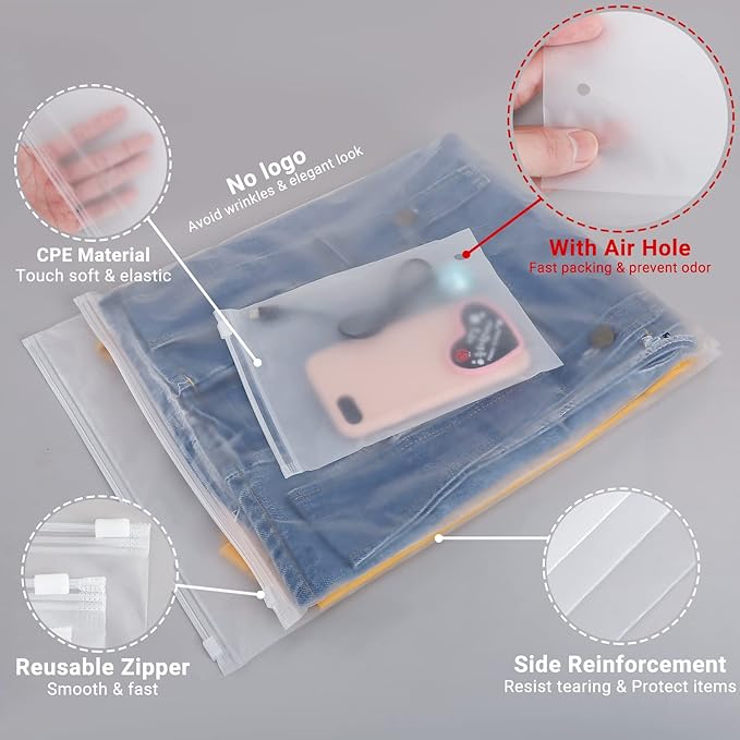 Svaldo Clothes Packaging Bags for Shipping, 25 Count 14x16 inch Frosted Zipper Plastic Bags for Clothing, Thick Plastic Apparel Bag for Packaging T-Shirt, Shirt, 3 Mil, with Vent Holes Storage Bag