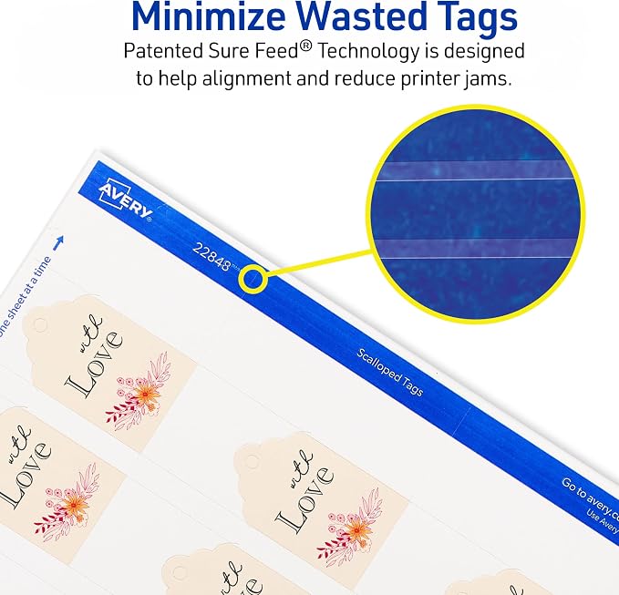 Avery® Scalloped Printable Tags, Sure Feed® Technology, 2" x 1.25", White, Includes String, Laser/Inkjet Printable, 180 Total, Great for Branding, Gifts, Merchandising, and More (22848)
