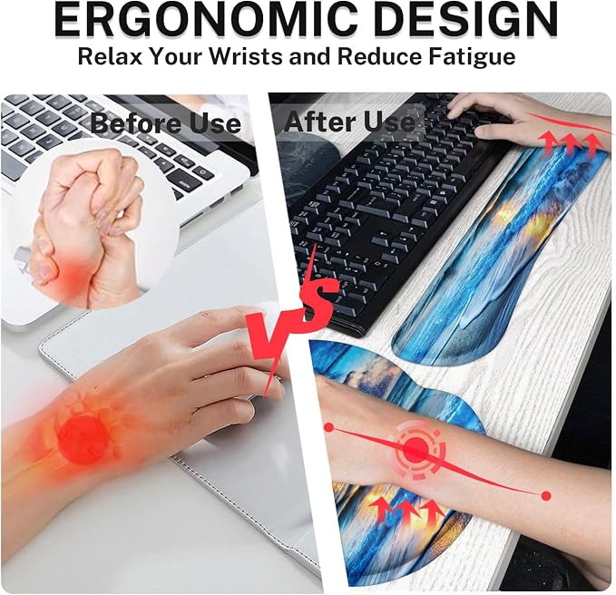 Keyboard Mouse Pad Set, 4 in 1 Desk Mat Set, Blue Ocean | Starry Sky Sea Large Mousepad+Keyboard Wrist Rest+Mouse Wrist Rest+Coaster Ergonomic Design for Home Office Computer