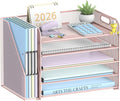 5-Tier Desk Organizer with File Holder, Paper Organizer for Desk, Pink | 5 Letter Trays and Vertical File Holder with Metal Mesh Frame for Papers Folders Books and Mail in Office Home or School