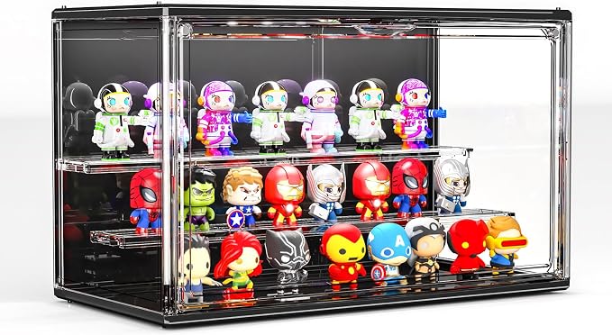 Acrylic Display Case for Collectibles with LED Light, 3 Layer Adjustable Figure Display Case with Magnetic Door, Lighted Display Box Stackable Clear Blind Box for Action Figure, Popmart, 1 Pack, Black