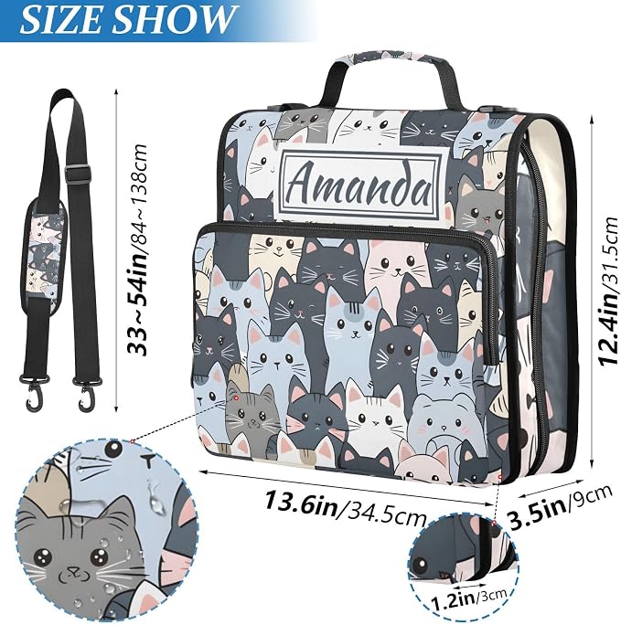 Custom 3 Ring Zipper Binder Cat Cute Blue Personalized Name 1.5 inch Binders Large Capacity Multi Pockets for School Office Supplies