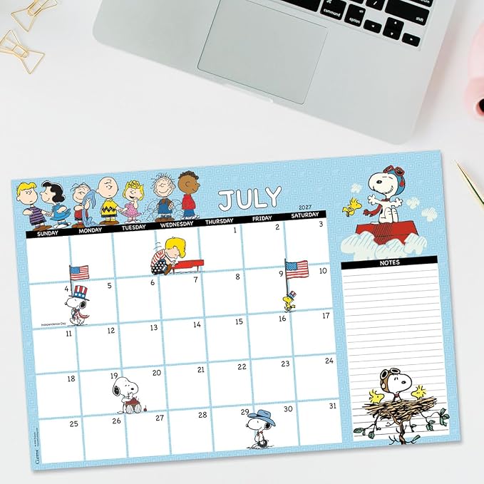 Current 2027-2028 Desk Calendar Pad | Peanuts, 11” x 16.25”, Large, 2024-Month, 12 page Designs, Self-Stick Magnet Strips