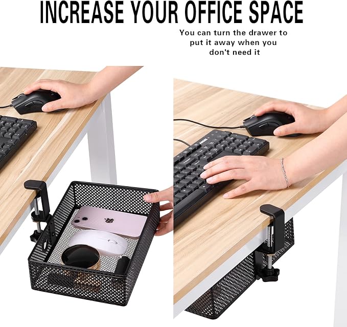 Under Desk Drawer, Clamp on Desk Organizer Hanging Desk Storage Under Table | Under desk organizer: clamp on desk drawer, 360° rotating desk basket, hanging desk organizer, clamp on desk shelf, no-drill