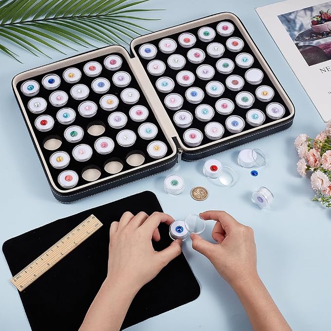 BENECREAT 60 Pcs 1.2x0.6 Inch Plastic Gem Jars, Closeable Gemstone Collection Storage Box with Foam Insert, Display Tray Set for Loose Diamond Collectibles Crystal, Diamond Display Case