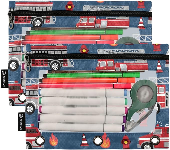 Fire Trucks Pencil Pouch for 3 Ring Binder, 2 Pack Waterproof Pencil Bags Clear Window Zipper School Office Supplies