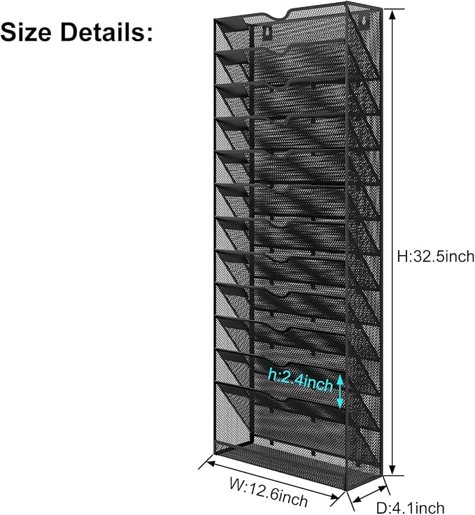 Hanging Wall File Organizer,13-Tier Desk File Mail Holder, Paper Bill Organization For Office Home School, Black