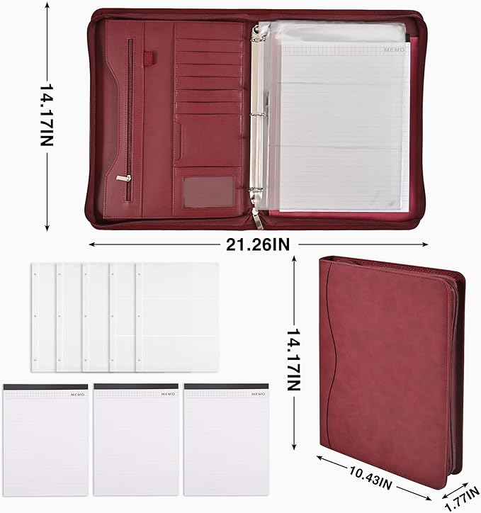Padfolio Portfolio Folder Binder-Organizer Planner Notebook Zippered Portfolio Padfolio for Women & Men with Document Sleeve,Letter/A4 Size Clipboard,Business Card Holders (Burgundy-3)
