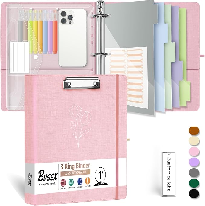 3 Ring Binder, 1 Inch Linen Binders Organizer for Letter Size (8.5" x 11") Paper with 5-Tabs Pockets Dividers, BVSSX Leather Three Ring Binders with Clipboard, Plastic Folder, Pen Loop - Pink Tulips