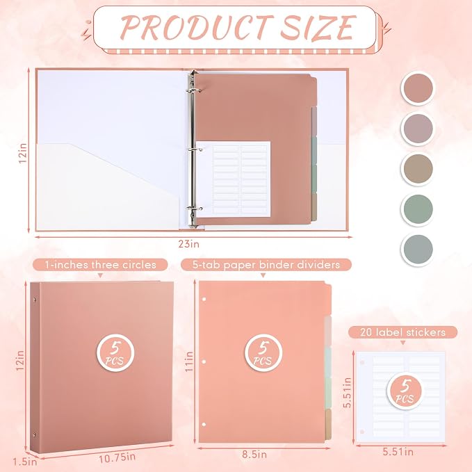 Ctosree 5 Sets 1 Inch Heavy Duty 3 Ring Binder with 2 Pockets with 5 Tab Dividers 8.5 x 11 Inch Plastic Film and File Folder Labels for Letter Size Paper Office Home Supplies(Pastel Color)