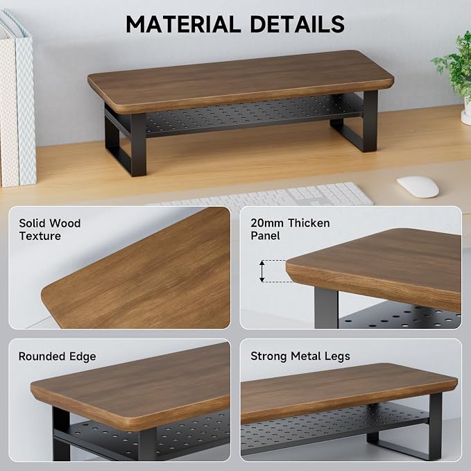 Monitor Stand Riser, 24 Inch Computer Monitor Stand for Desk, 2-Tier Wood Desk Shelf Organizer with Storage, Desktop Stand for Laptop/Screen/PC/Printer, Ergonomic Home Office Monitor Stand