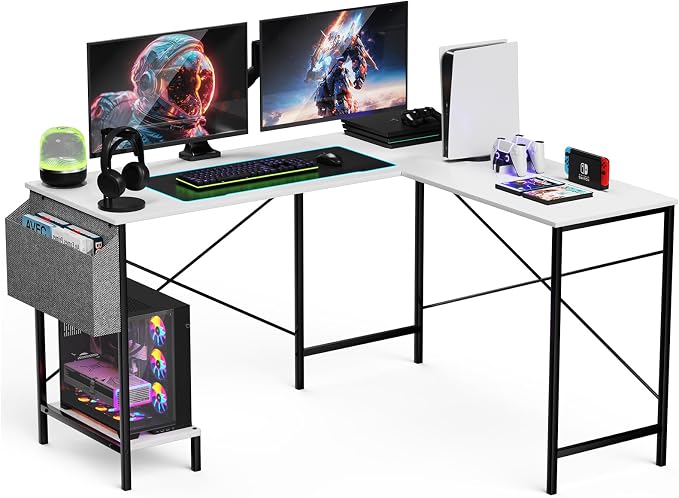 L Shaped Desk Gaming Computer 50 Inch Reversible Corner Table PC Work Table for Writing Study Student with Wood Tabletop Metal Frame CPU Stand Side Bag for Home Office Small Place