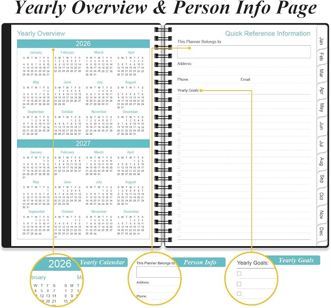 Daily Planner 2026 Full Page Per Day- 2026 Daily & Monthly Planner from January 2026 to December 2026, Day Planner 2026 with 12 Months Tabs, 6.4" x 8,5", Black