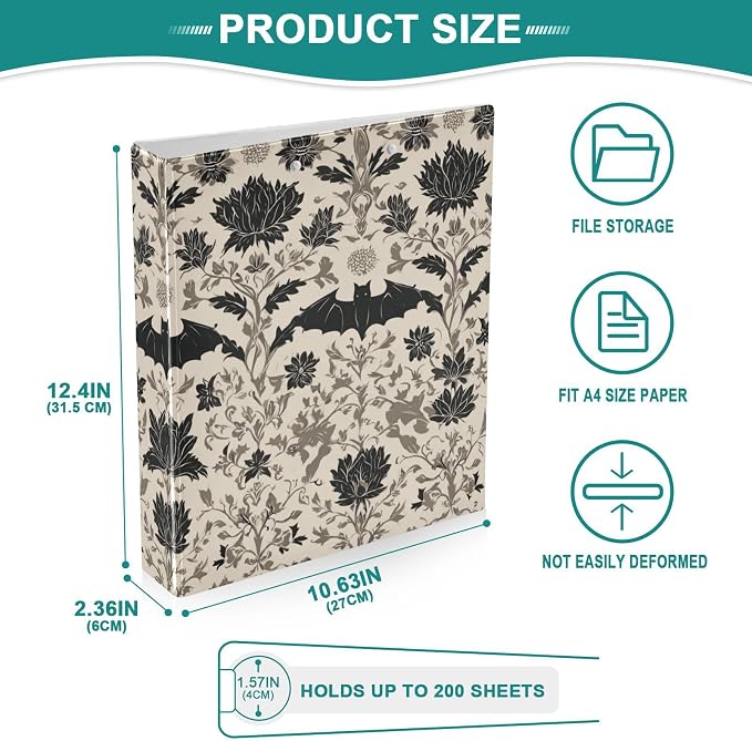 Goth Bat Round Ring Binders Floral (3) 1.5 Inch 3 Ring Binder with Clipboard Holds 200 Sheets Office Home School