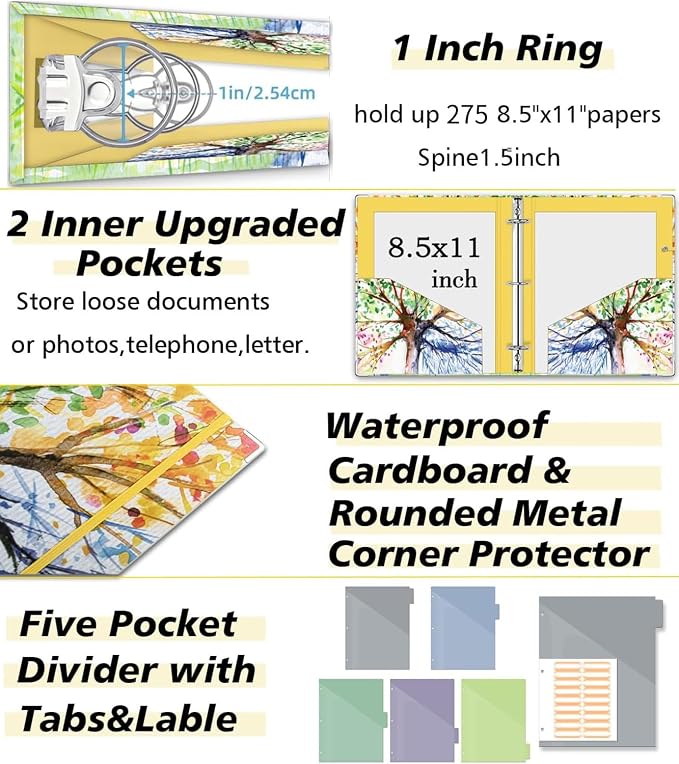 3 Ring 1 Inch Binder Organizer, KLLVE Three Ring Binders with Clipboard, 5-Tabs Pockets Dividers, Plastic Folder, 18 Divider Stikers,Pen Loop (Green Tree, Letter Size)