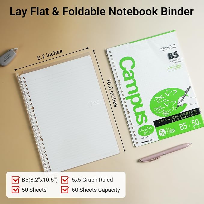KOKUYO Smart Ring Binder Notebooks, Clear B5 Refillable Notebook, 20 Sheets Each, Plus Extra 50 Sheets 5x5 Graph Loose Leaf Papers, 60 Sheet Capacity, Perfect for School & Work