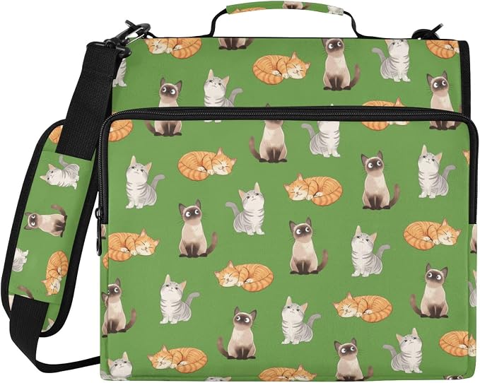 Cat Print Zipper Binder File Organizer Bag 3 D-Ring | with Shoulder Strap, Holds 500 Sheets & 14in Laptop, 3 Ring Binder for Office Supplies
