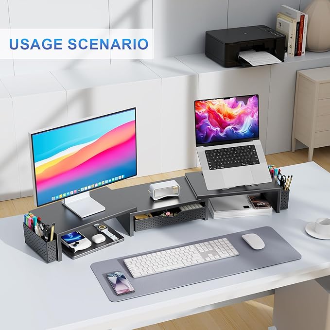 gianotter Dual Monitor Stand Riser With Drawer and 2 Pen Holders | Desk Organizer and Accessories Computer Monitor Stand, Desk Shelf for Top of Desk (Black)