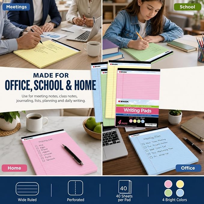 KAISA note pads Colored Legal Pad Writing Pads 8.5x11 inch, Wide Ruled, 40 Sheets/Pad, 20lb Colored Paper, Perforated Writing Pad with Sturdy Back (4 Pads), KSU-5972