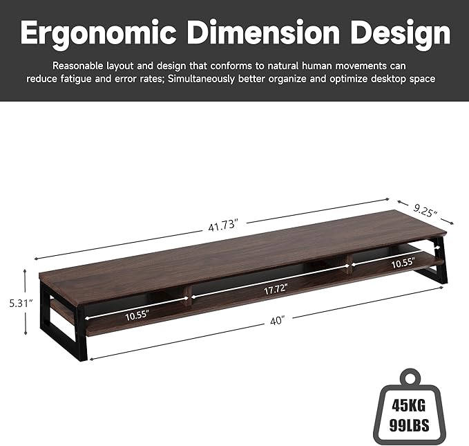 Dual Monitor Stand Riser for Desk, 41.7 Inch Large 2 Tier Computer Monitor Stand for 2 Monitors, Desktop Storage Organizer Shelf with Keyboard Space for Laptop PC Printer Brown