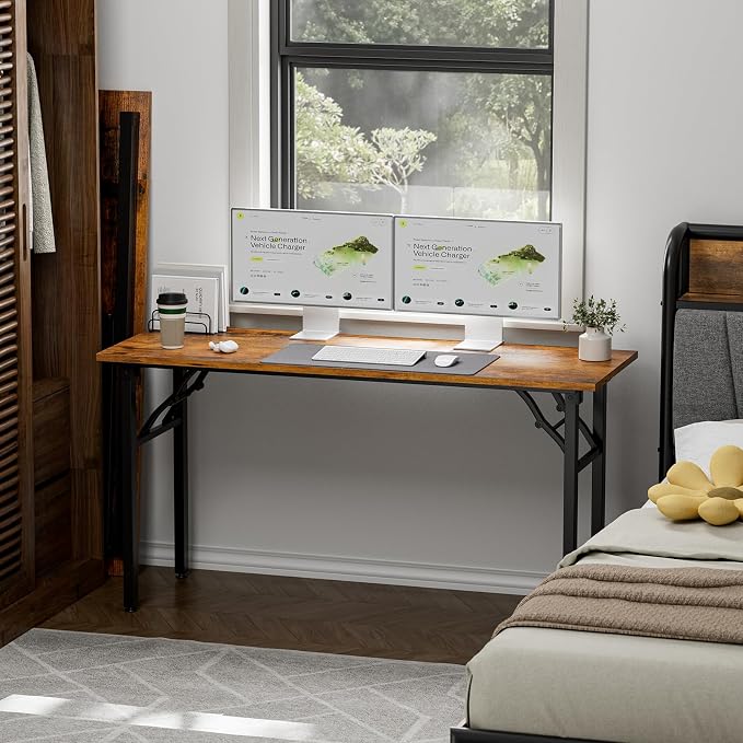 TEMI Long Computer Desk Folding Table - 55.1 Foldable Office Desk, No Assembly, Perfect Writing Table for Bedroom, Dorm, or Apartment, Portable Large Desk or Study Table with Compact Design, Brown