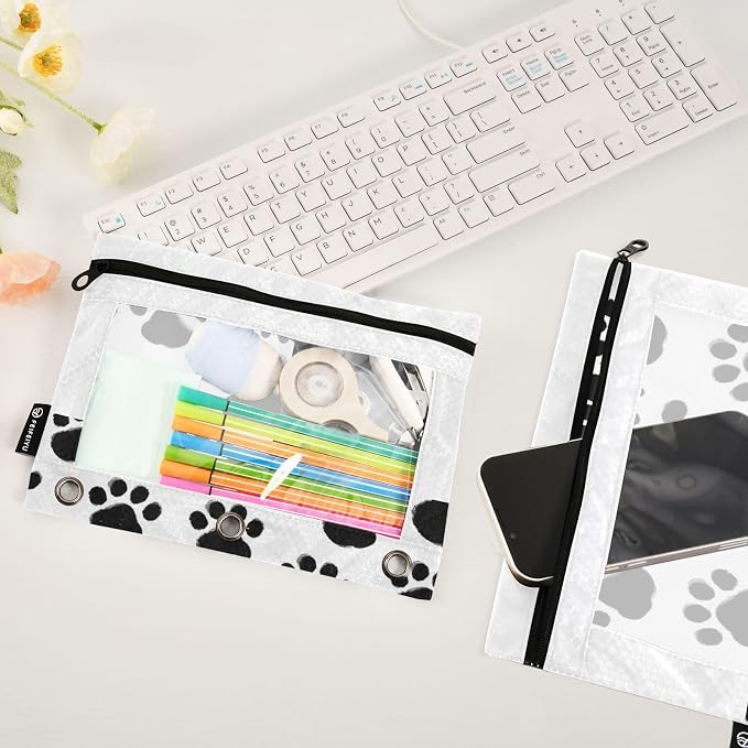 Custom Black Paws Print Pencil Pouch for 3 Ring Binder, 2 Pack Personalized Name Waterproof Pencil Bags Clear Window Pencil Case School Office Supplies