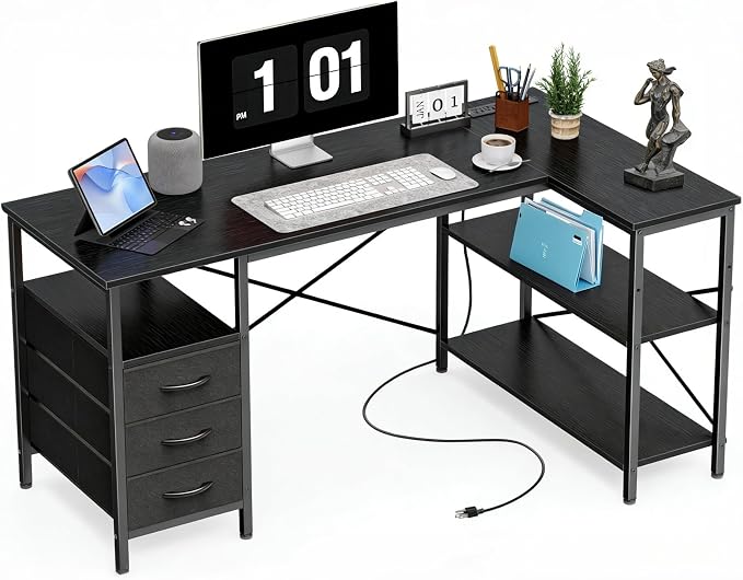 Alpen Computer Desk with Drawers, L Shaped Desk for Bedroom with Power Outlets, Gaming Table with Storage Shelves, Corner Desk for Gaming, Study Writing PC Table, 55 Inch, Black