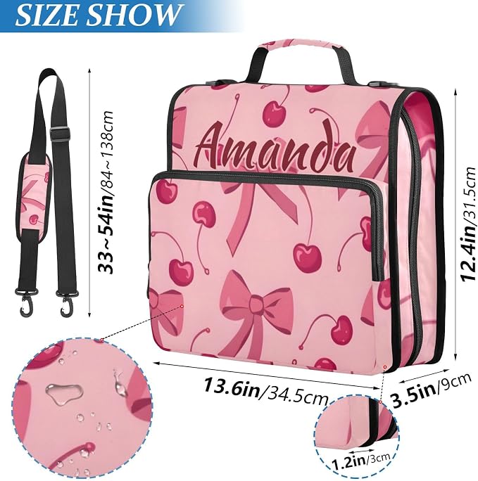 Custom 3 Ring Zipper Binder Bow Cherry Pink Personalized Name 1.5 inch Binders Large Capacity Multi Pockets for School Office Supplies