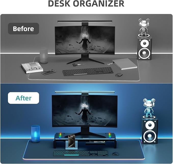 Heymaster Monitor Stand for Desk, Gaming Monitor Riser with RGB Light, Foldable Computer Monitor Stand Riser, Desk Organizers and Accessories for Desktop, Printer (Black)