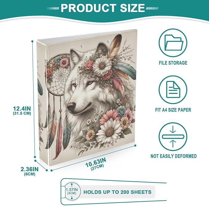 3 Ring Binder, Flower Dreamcatcher Wolf File Folder Holds 200 Sheets File Storage for Women Men School Office Supplie