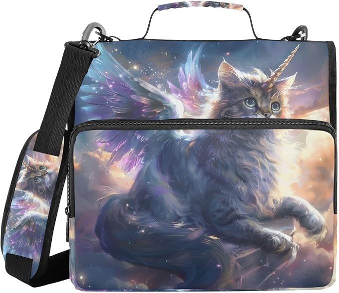 Unicorn Cat with Wings 3 Ring Binder Bag 1.5 inch Binder Organizer with Zipper Shoulder Strap 500 Sheet Documents Storage for School Office