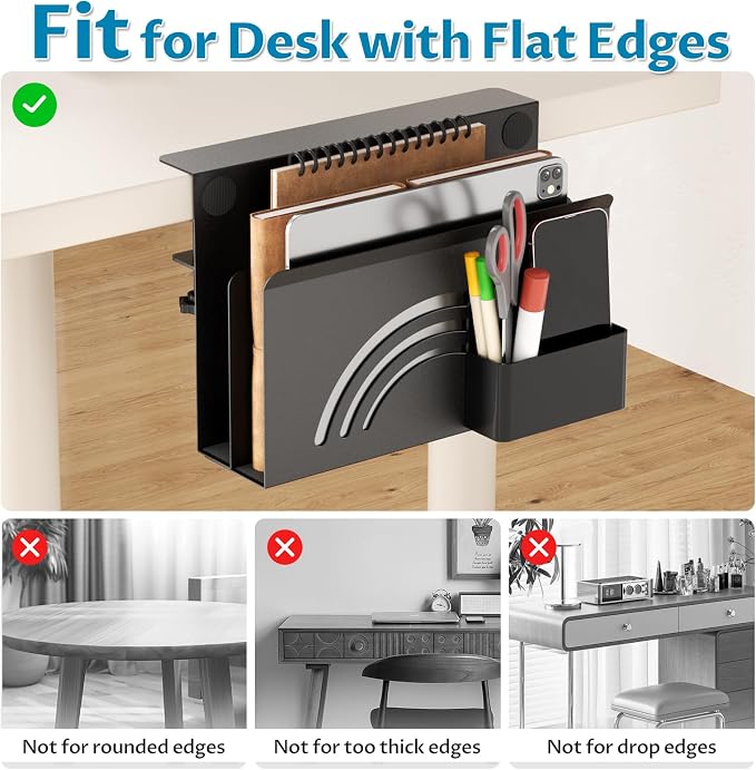 Onemake 2-Tier Rainbow Desk Side Storage, No Drill Laptop Holder, Clamp on Desks Shelf with Magnetic Pen Holder, Hanging Desk Organizer for Home Office, Fits Flat Edge Tables 0.4" to 2.3"