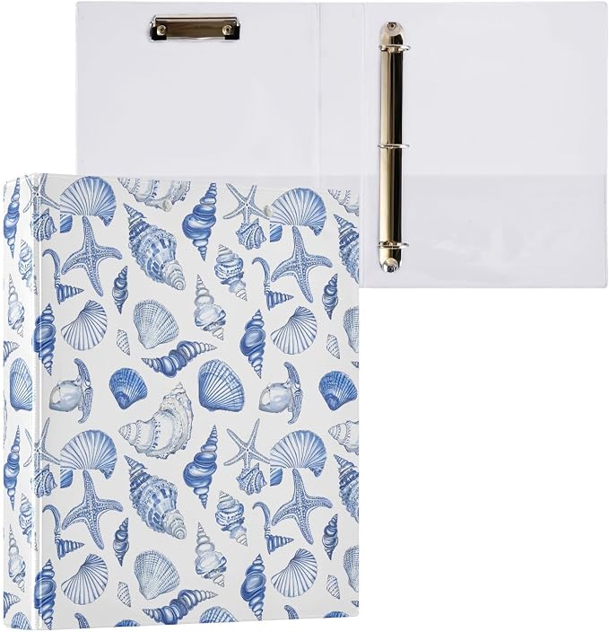 Navy Seashells 3 Ring Binder 1.5 Inch 1 Pack with 200 Sheet for Kids School Supplies Women Men Office