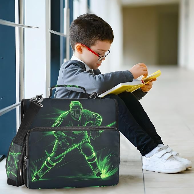 3 D-Ring Zipper Binder Bag, Green Hockey Player Removable Binder with Zipper Case Hold 300+ Sheets& 13 Inch Laptop for School Office Supplies Organizer