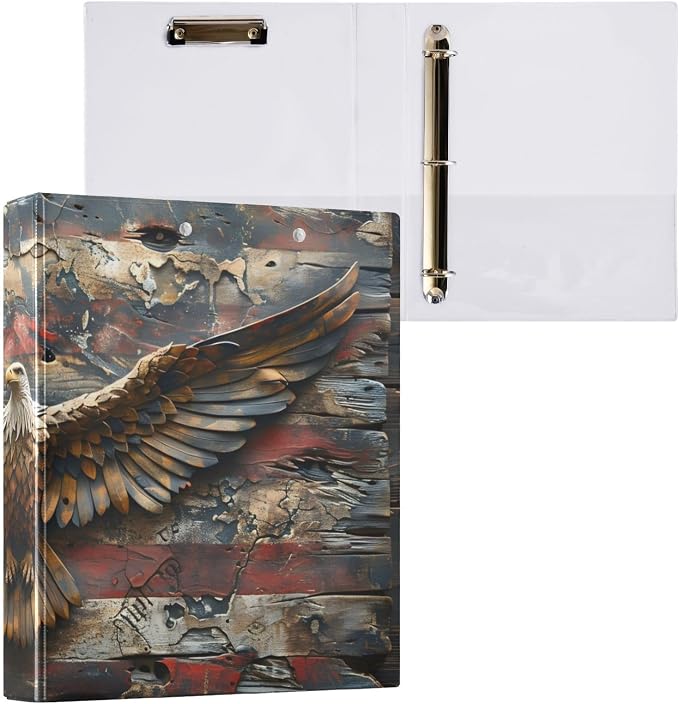 3 Ring Binder Eagle American Flag Vintage 1.5 inch Binders Three Ring Binders with Clipboard Fit 8.5'' x 11'' Paper 3 Interior PVC Clear Pockets for Office Supplies