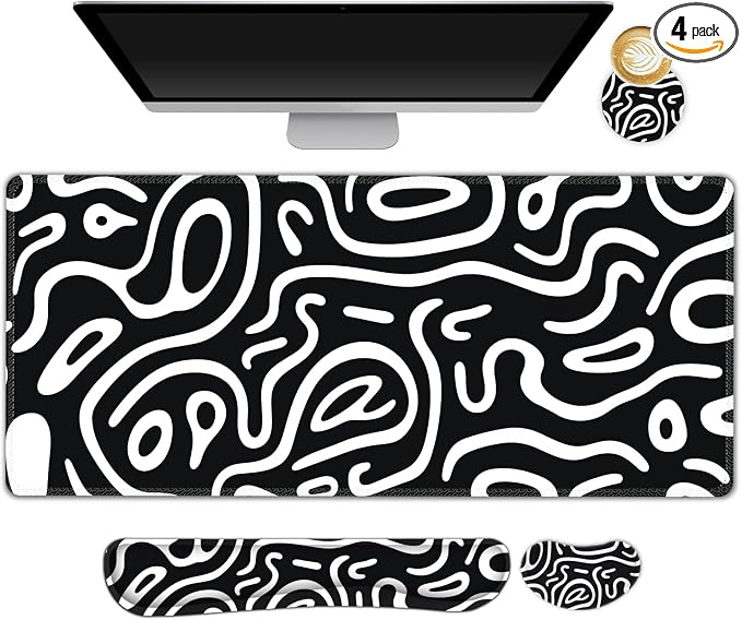 Large Gaming Mouse Pad Set, 4 in 1 Extended Keyboard Desk Mat with Wrist Rest, Computer Game Mousepad, Non-Slip Desk Pad Easy Typing Pain Relief for Home Office I Black White Topographic