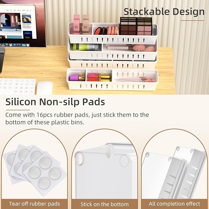 4 PCS Desk Drawer Organizer Tray, Office Drawer Organizer Bins | 8 pcs Dividers Adjustable, 16 pcs Non-Slip Silicone Pads, Makeup Vanity Organizer for Drawer, Plastic, White