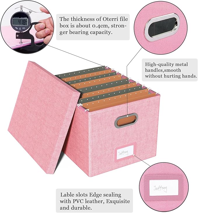 Oterri File Organizer, File Box, File Cabinet for Letter File Folder Storage, Portable Storage Bins with Lids for Office/Decor/Home, 1 Pack, New-pink-Box only
