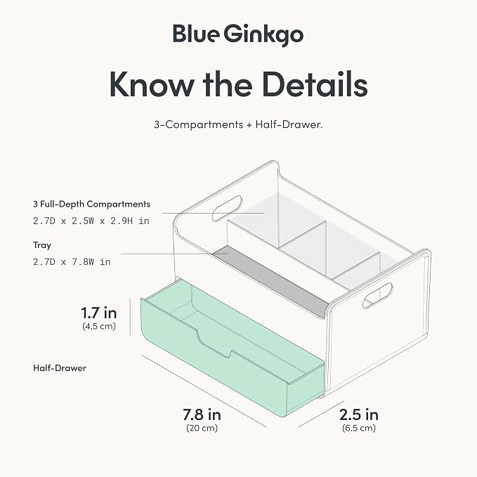 BLUE GINKGO Portable Desk Organizer, Blue, Made in Korea | 3 Compartments. Half Drawer. Everyday Storage.