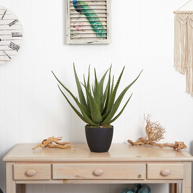 Nearly Natural 26 in Artificial Aloe Plant with Pot Room Decor | 25 Spiky Green Leaves, Nursery Pot Included, Perfect Accent for Bathroom Vanity or Home Office Decor