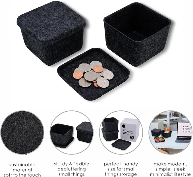 2pc Cube Lidded Felt Desktop Stackable Storage Bin with Lid Charcoal
