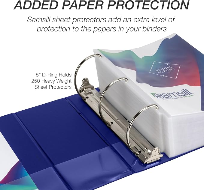 Samsill Durable 5 Inch 3 Ring Binder, D Ring Binder, Customizable Clear View, Blue, Holds 1070 Pages