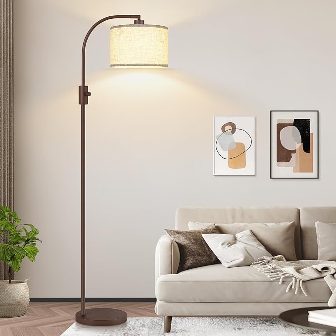 Nintiue Upgraded Modern Arc Dimmable Tall Standing Floor Lamp with Linen Shade, 1200 Lumens LED Bulb Included, for Living & Reading Room, Bedroom, Office & Nursery, Matte Brown