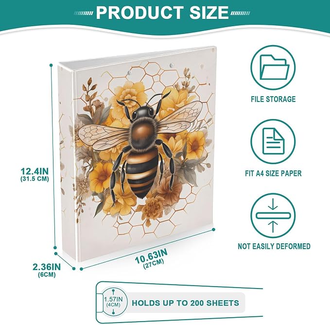 3 Ring Binder, Sunflower Honeycomb Bee File Folder Holds 200 Sheets File Storage for Women Men School Office Supplie